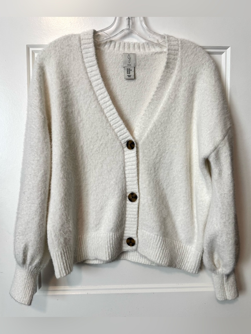 Joie White Fuzzy Knit Cardigan Balloon Sleeve Button Front Sweater XS